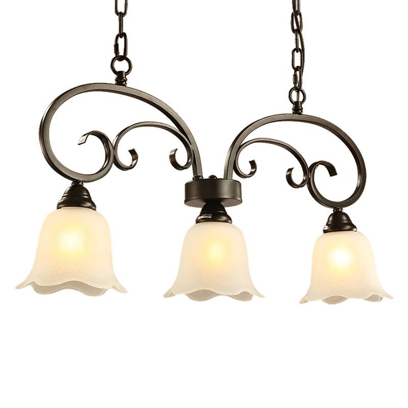 3 Lights Frosted White Glass Island Pendant Rustic Black Floral Swirls Restaurant Hanging Lamp