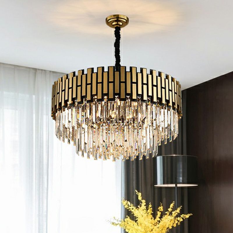 Gold Finish Round Hanging Ceiling Light Postmodern Crystal Rods Chandelier Pendant for Living Room