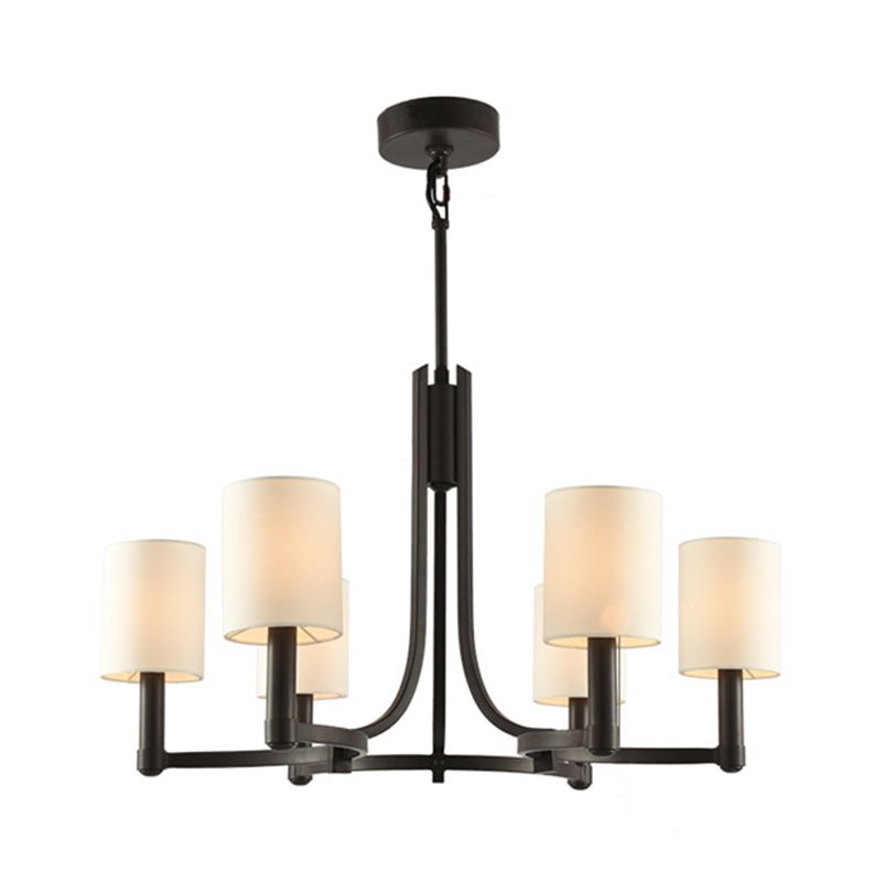 White Cylindrical Chandelier Lamp Traditional Fabric 6 Lights Living Room Hanging Light