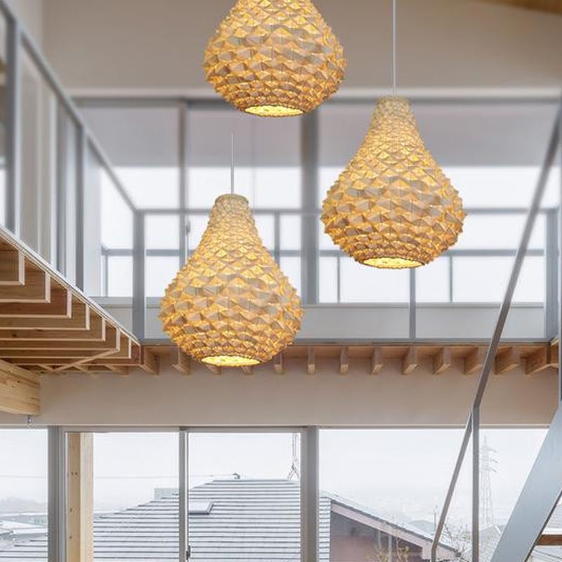 12"/14"/16" Wide Wood Teardrop/Globe/Dome Drop Light Chinese Single Bulb Beige Hanging Pendant for Dining Room