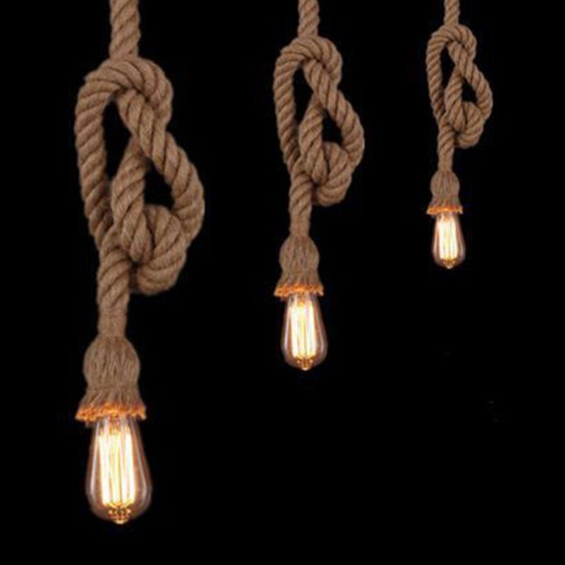 Exposed Bulb Natural Rope Pendant Light Vintage Industrial Restaurant Hanging Light Fixtures