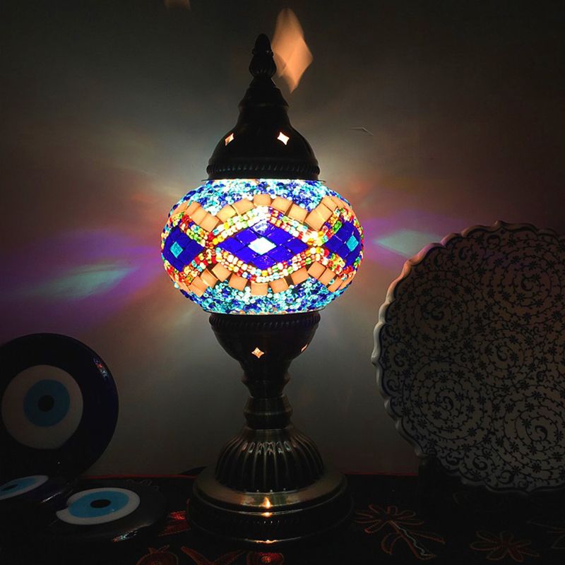 Single Night Stand Light Turkish Bedroom Table Lamp with Spherical Yellow/Red/Blue Glass Shade in Bronze