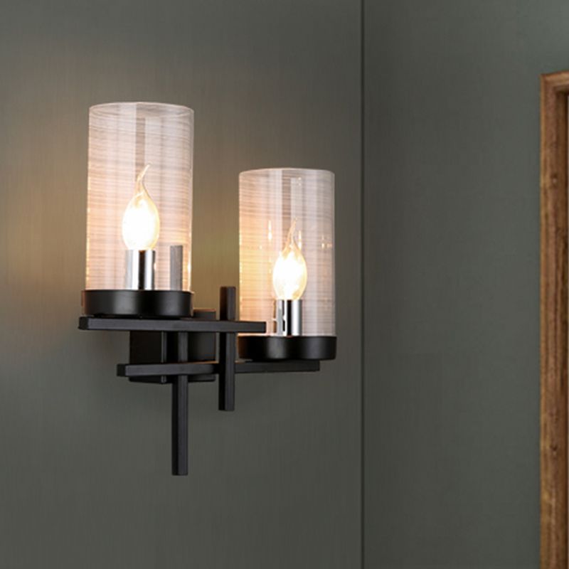 2 Bulbs Cylinder Wall Sconce Rustic White/Clear Glass Wall Lighting Fixture with Straight Arm for Living Room