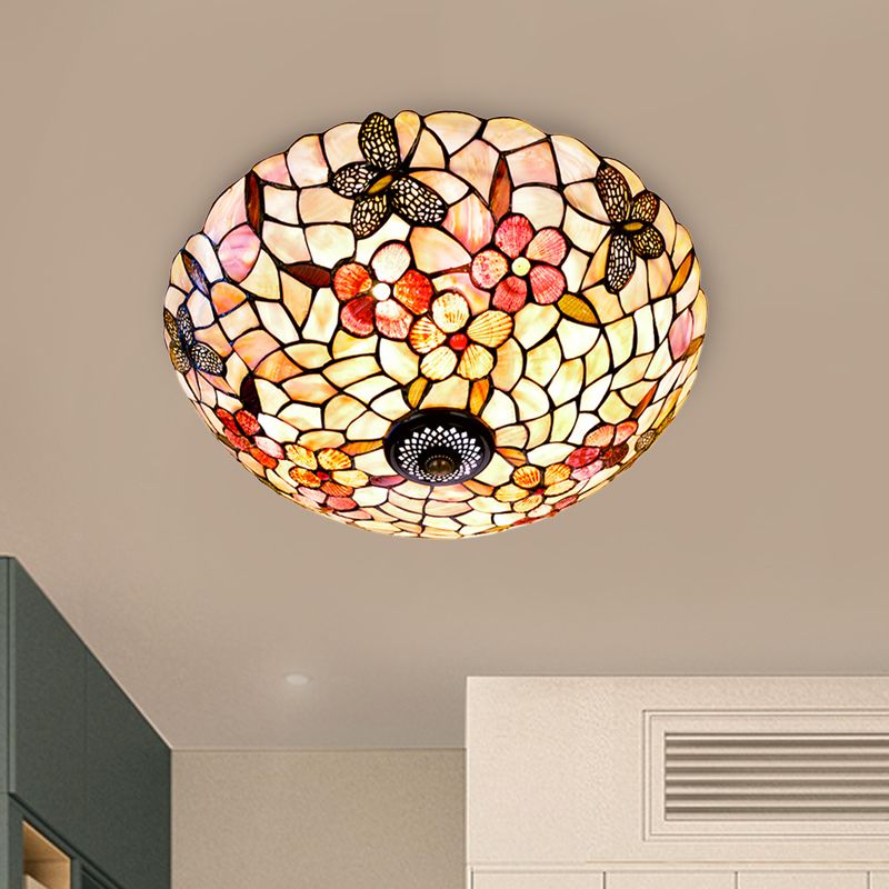 Natural Shell Beige Ceiling Fixture Dome 3/4 Lights Tiffany Flushmount Lighting with Butterfly-Flower Pattern, 16"/20.5" W