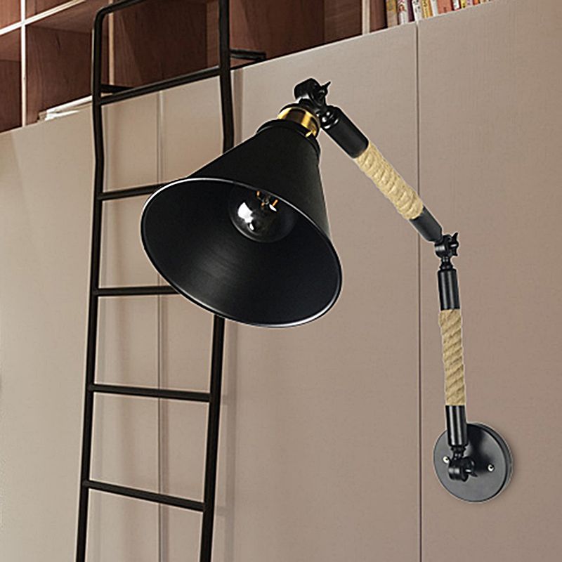 Kegelschlafzimmer Wandmontage Beleuchtung Vintage Style Metal und Seil 1 Glühbirne Schwarze Leuchtenleuchte