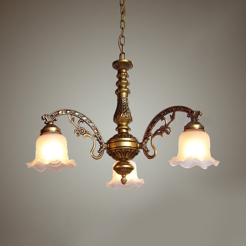 3/6 Bulb Ceiling Lamp with Scalloped Shade Frosted Textured Glass Traditional Dining Room Chandelier in Brass