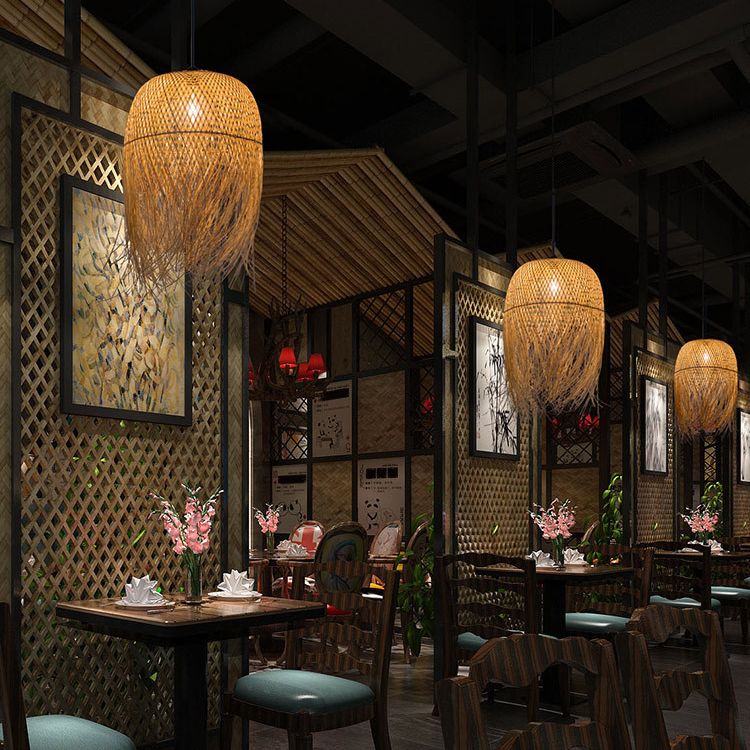 Beige Hand-Woven Pendant Asia Art Deco 1 Bulb Bamboo Hanging Light for Dining Table