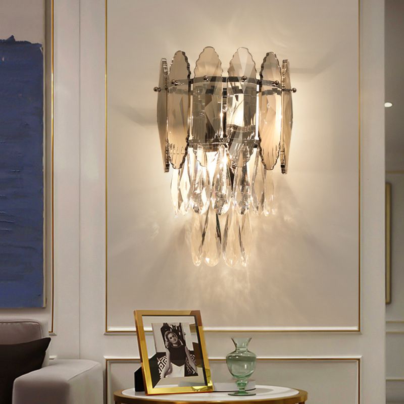 Gray Crystal Wall Sconce in Modern Luxury Style Electroplate Iron Stagger Wall Lamp for Bedroom