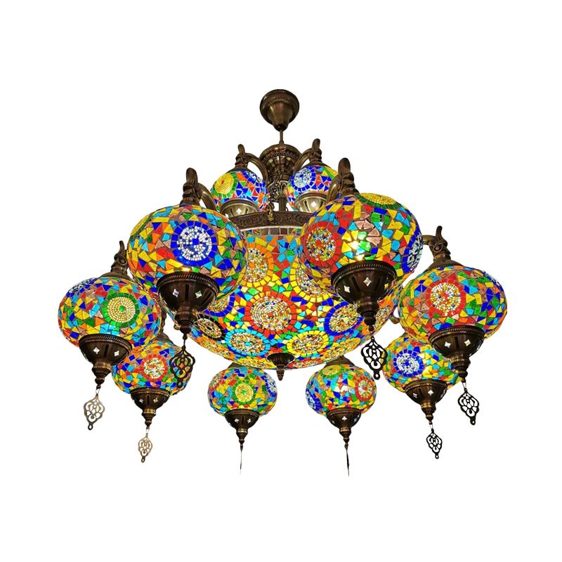 Traditional Oval Ceiling Pendant Light 16 Heads Stained Glass Chandelier Lighting in Bronze
