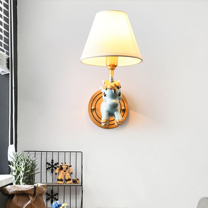 Kid Flying Unicorn Wall Mount Light Kids Resin Child Room Wall Light Fixture with Tapered Fabric Shade