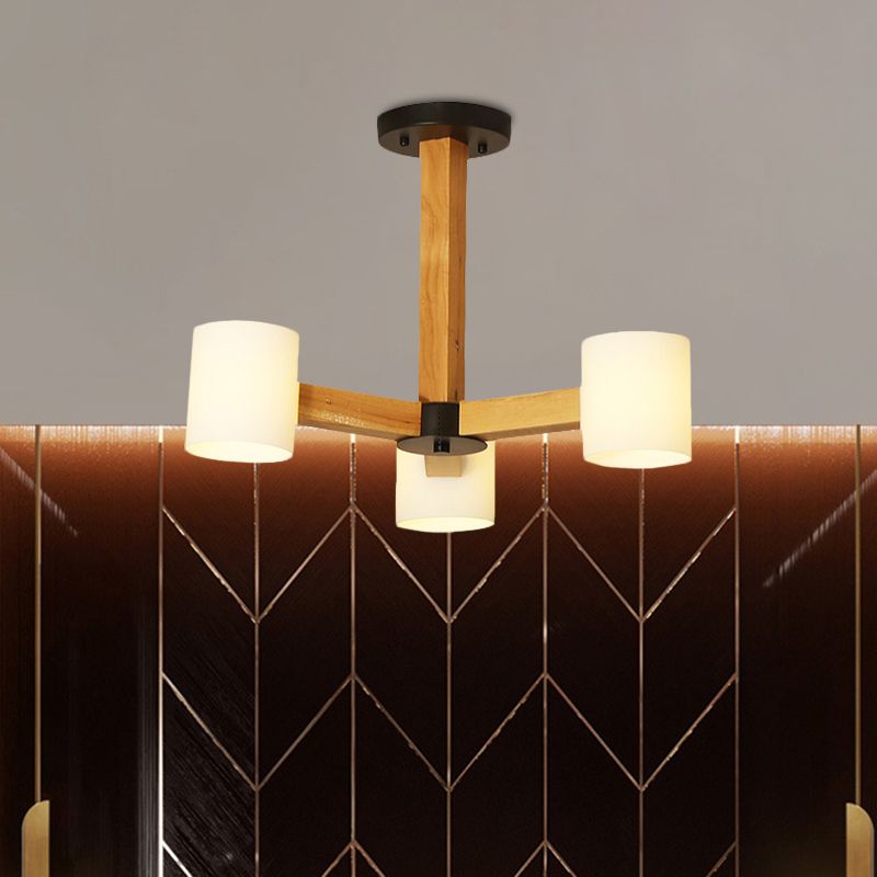 White Cylindrical Shade Pendant Lighting Japanese Stylish Glass & Wood Chandelier for Bedroom