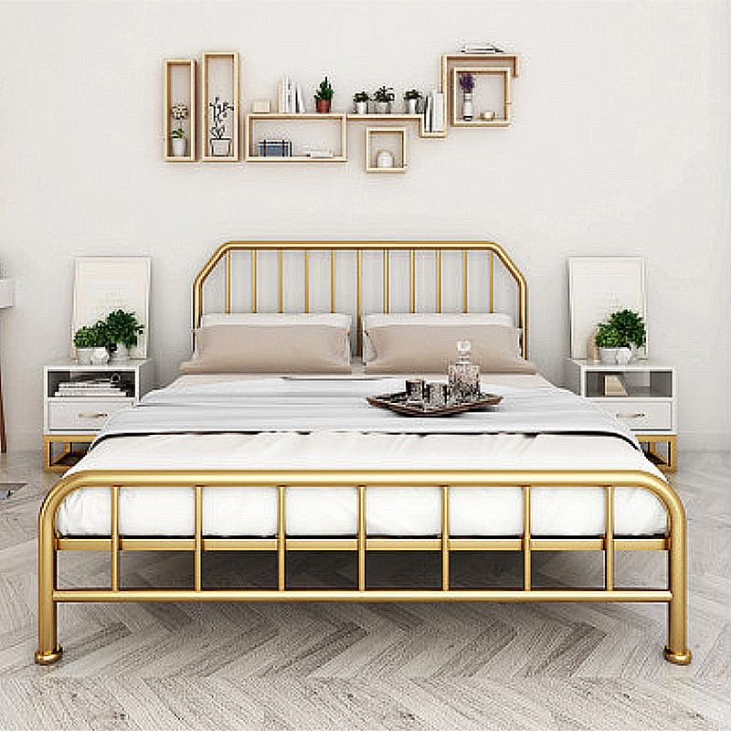 Solid Color Metal Open-Frame Bed Glam Slat Bed with Headboard