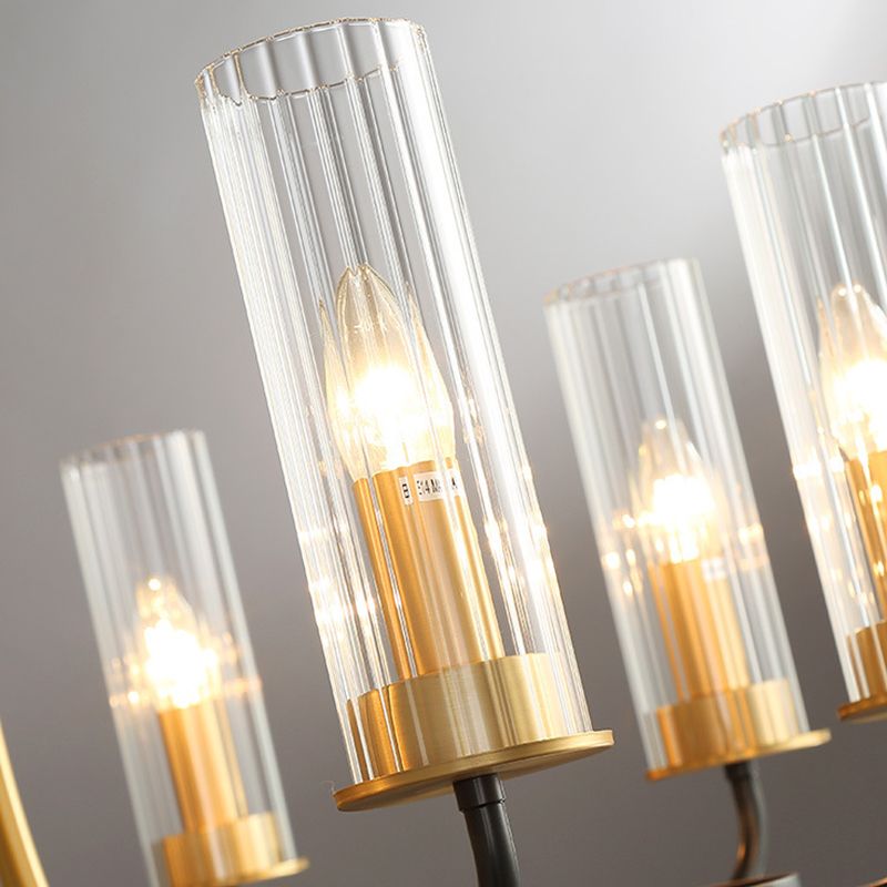 Tubo de 6/8 de luces Araña posmoderna Negra/dorada Cantal de vidrio acanalado Cantero con brazo curvado