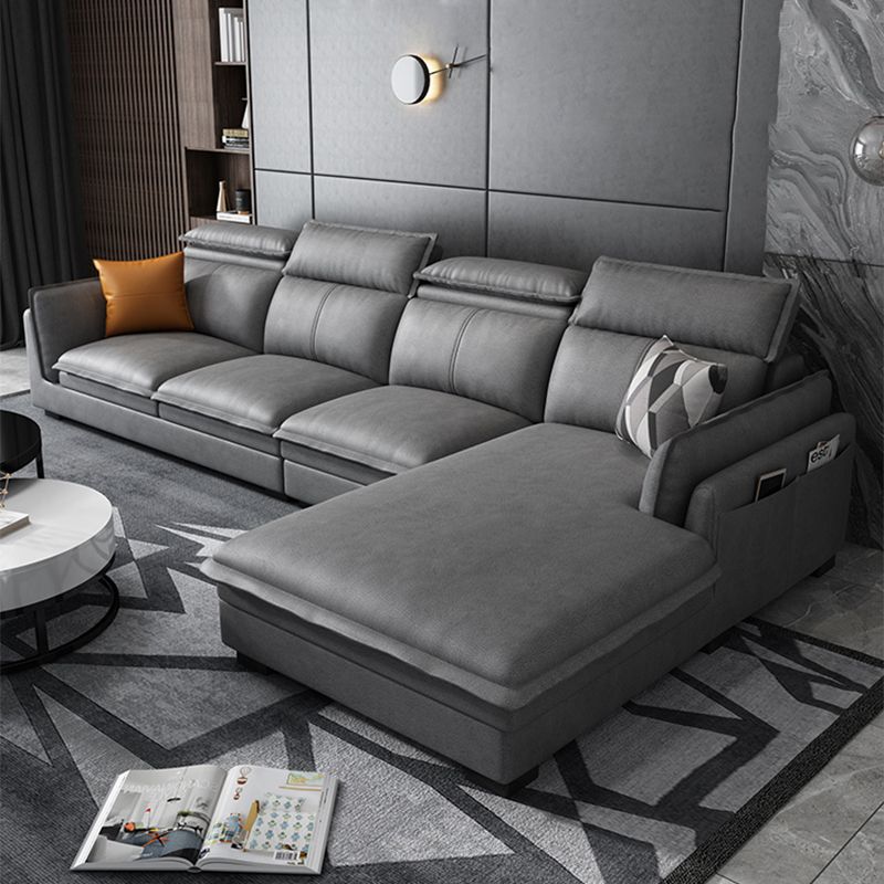 Contemporary Wood and Faux Leather Sofa & Chaise Square Arm Sofa