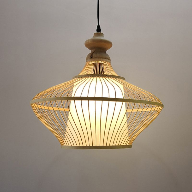 Bamboo Saucer Suspension Pendant Light Modern Style Beige Pendant Lighting Fixture