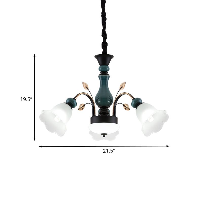 Kom metaal omlaag hangdoek kroonluchter platteland 3-lichts eetkamer hangende lamp met bloei opaline glazen schaduw in groen