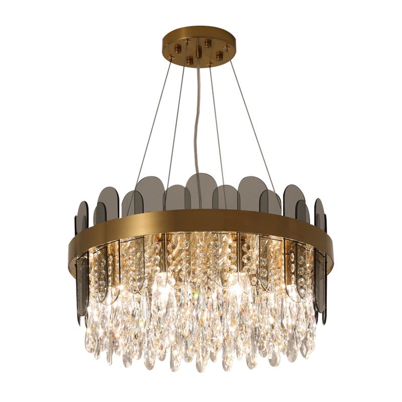 Drum Dining Sala lampadario del lampadario retrò Crystal 8/12 Lights Gold Finitura in pendente con pannello ovale Deco