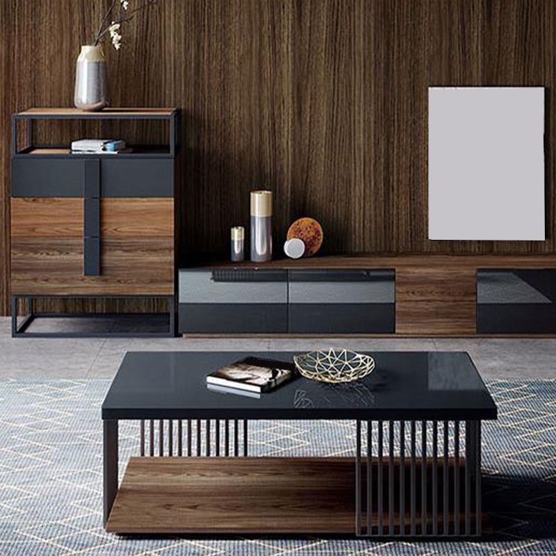 Rectangular Iron and Wood Coffee Cocktail Table with Storage