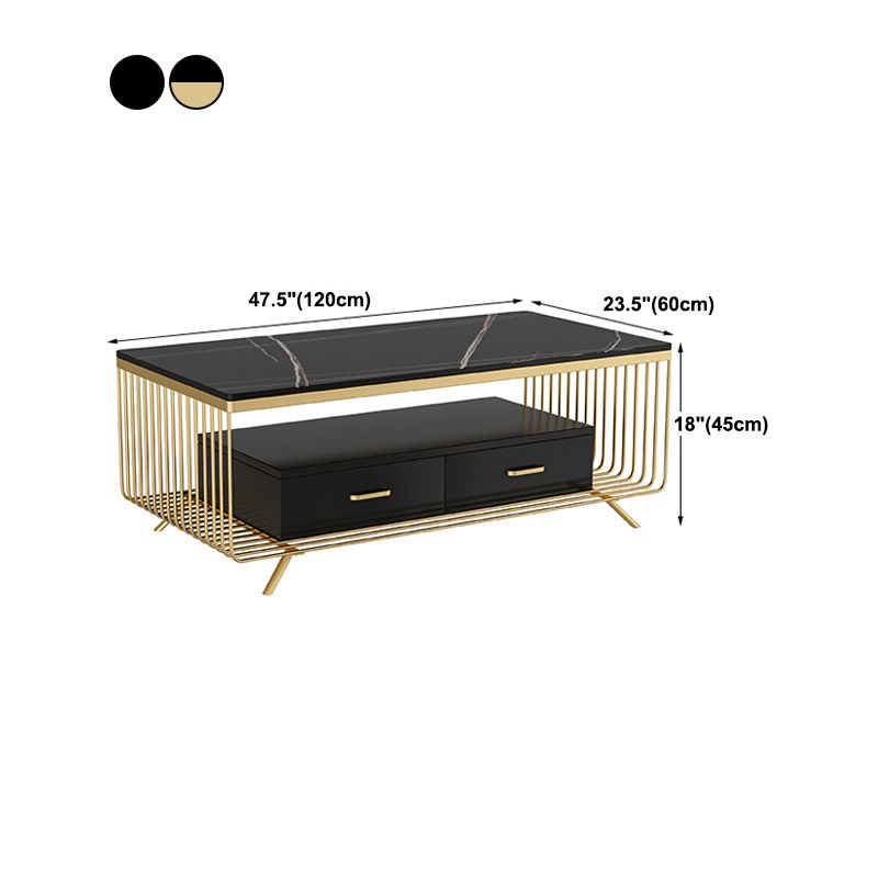 Rectangular Stone 4 Legs Coffee Cocktail Table with 2 Drawers