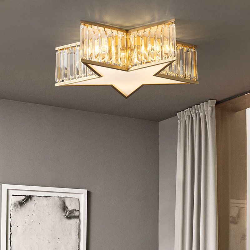 Plafonnier Gold Star de style classique colonial en cuivre à 5 lumières avec abat-jour en cristal