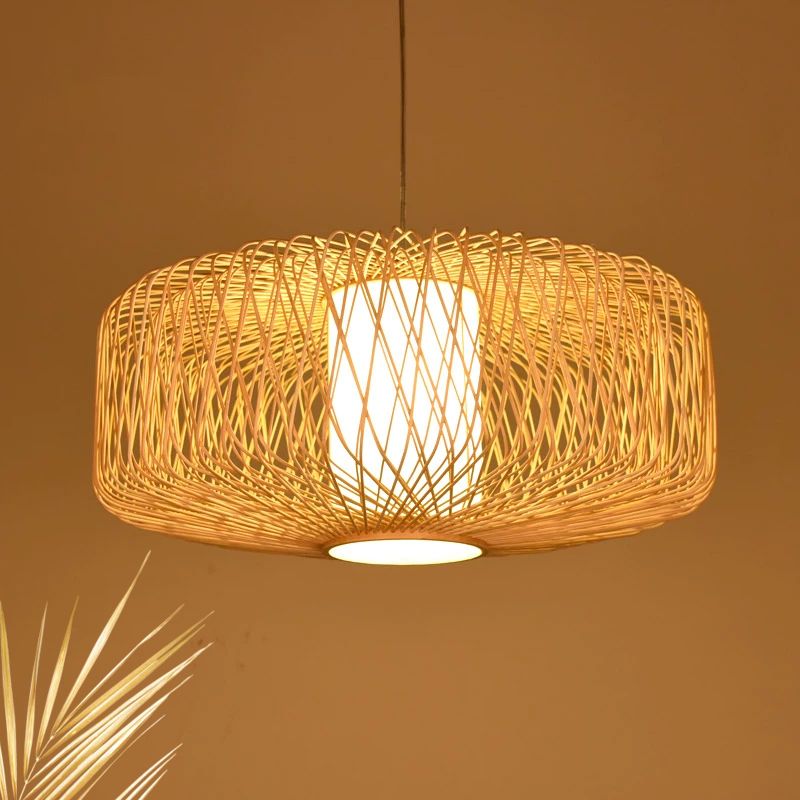 Cylinder Suspension Pendant Contemporary Bamboo 1 Bulb Black/Wood Hanging Light Kit, 16"/23.5" Wide