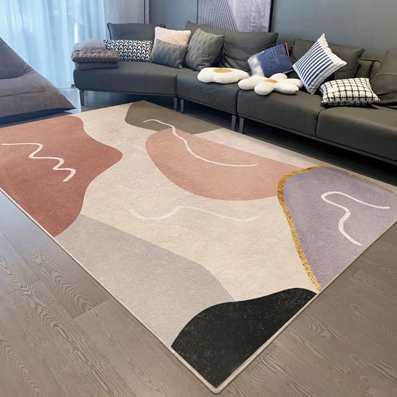Apricot Tone Abstract Lines Rug Polyester Simple Carpet Non-Slip Backing Indoor Rug for Home Decor