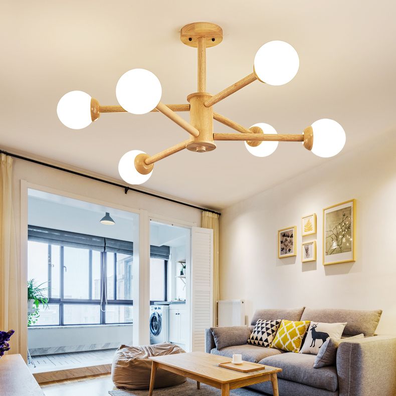 Multi Light Wood Chandelier Modern Globe Chandelier Lamp with White Glass for Living Room