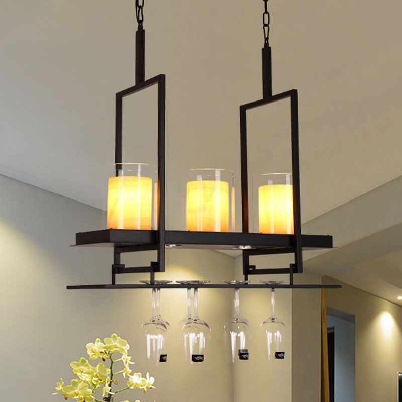 3/5 Heads Cylinder Island Light Traditional Black Marble Pendant Lighting Fixture with Metal Wine Glass Rack