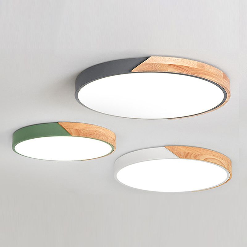 Plafonnier Macaron rond à LED avec abat-jour en acrylique et décoration en bois