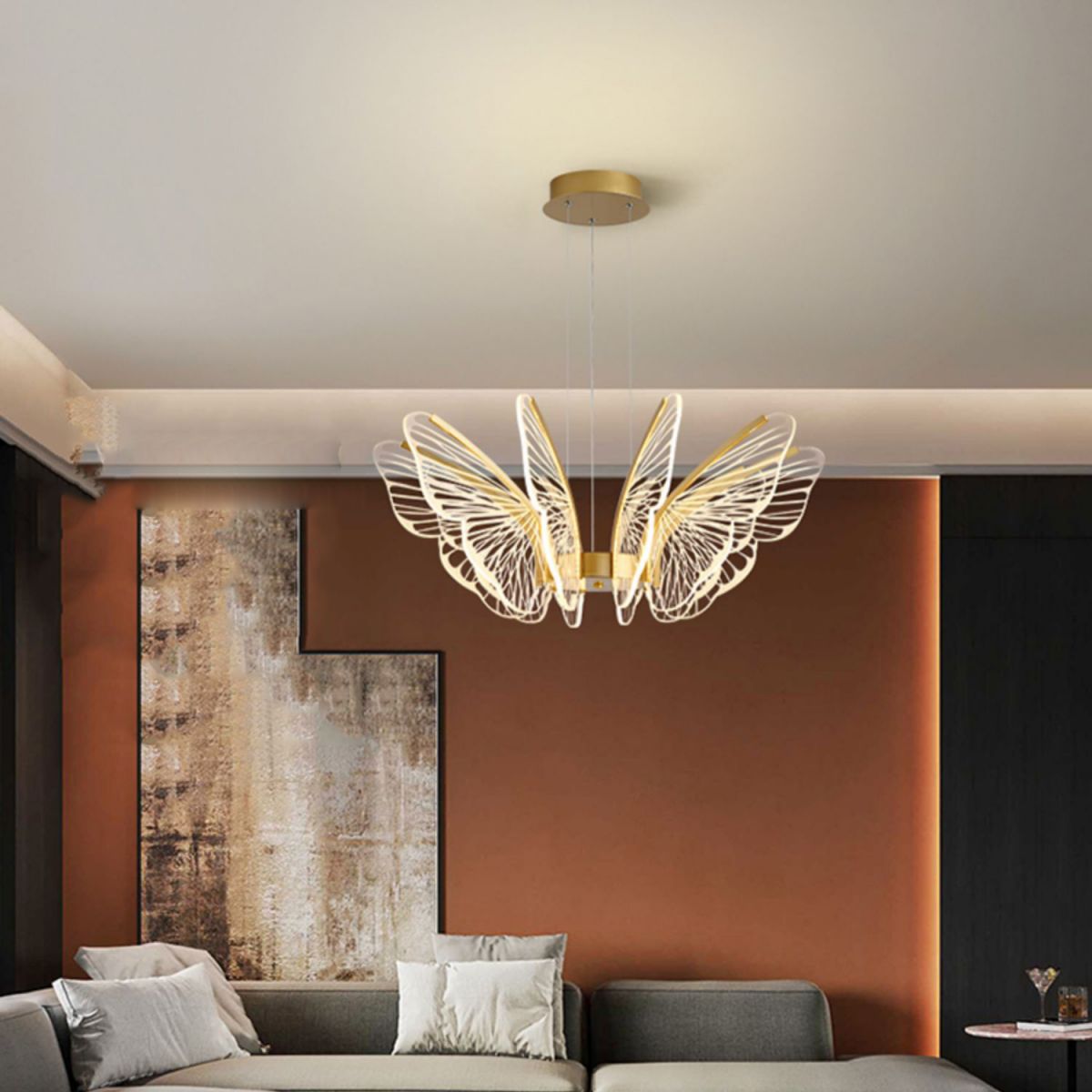 Metal Butterfly Shape Hanging Light Modern Style Multi Lights Cluster Pendant in Gold