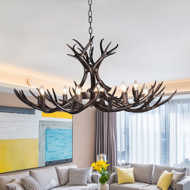 3/5/6 Heads Resin Chandelier Vintage Style Black Candelabra Living Room Pendant Light with Adjustable Chain