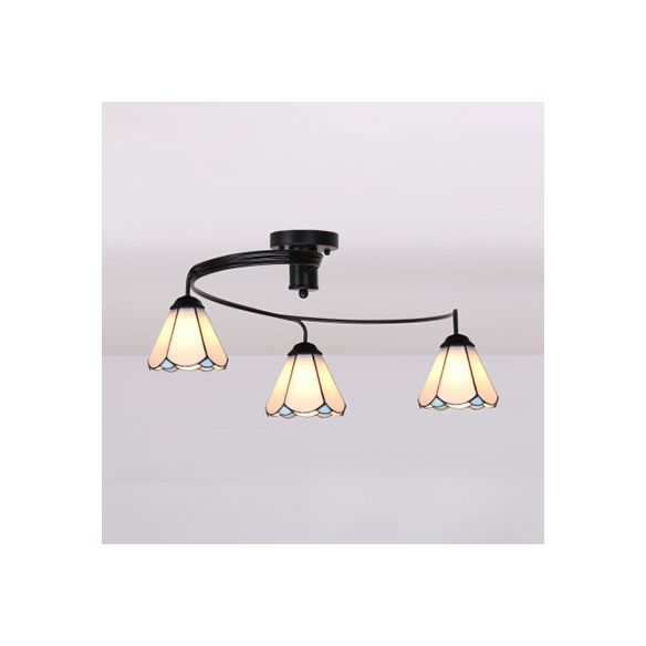 Beflecktes Glas Halbflushmount mit Schatten 3 Lichter Tiffany Style Halbbündige Deckenleuchte in Weiß/Klar/Blau