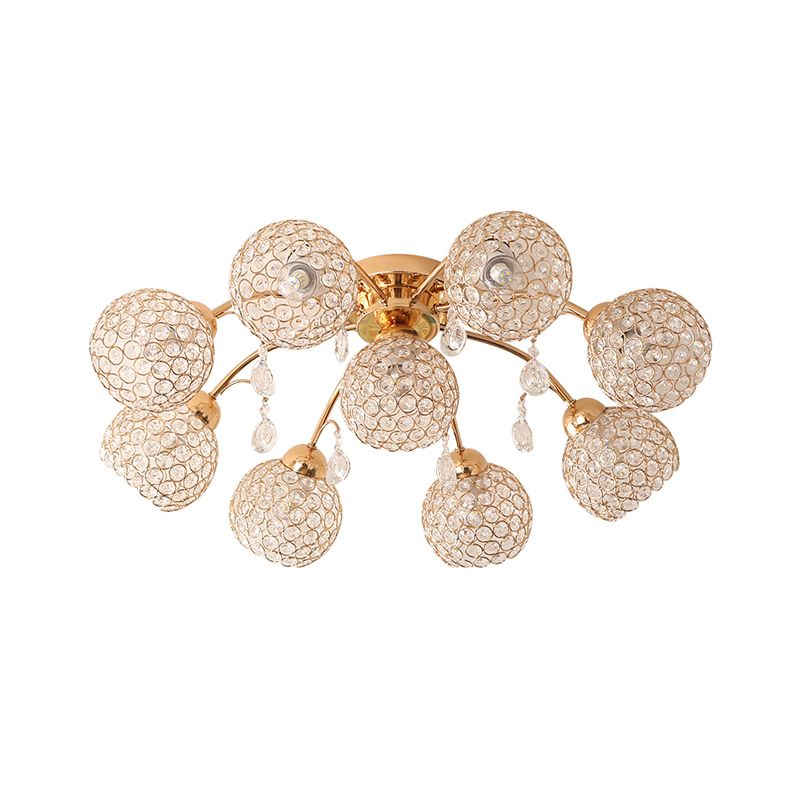 6/9 Heads Semi-Flush Mount Light Minimalist Ceiling Mounted Fixture with Sphere Crystal Embedded Shade in Gold
