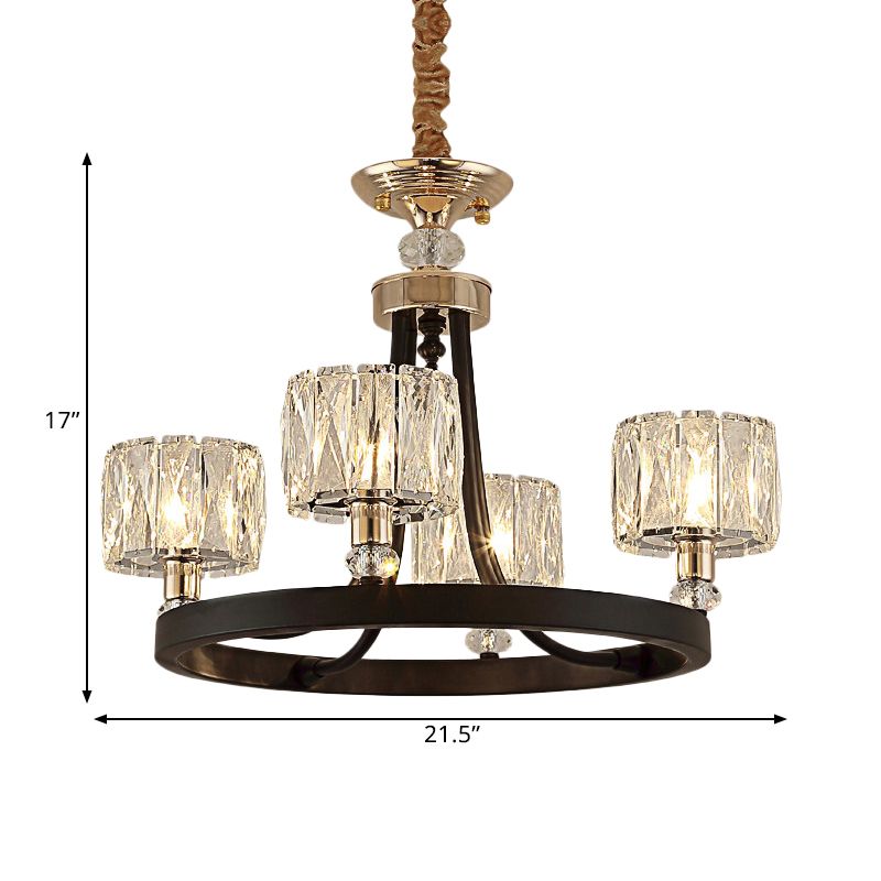 4 hoofden ringen hangende lampkit moderne black metal hanger kroonluchter met heldere kristallen trommelschaduw
