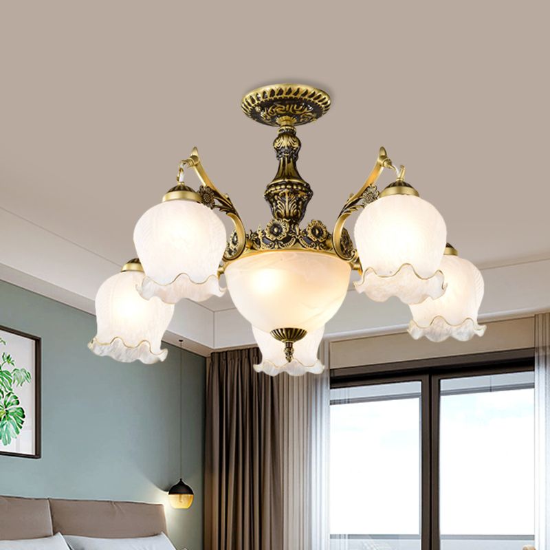 Bronze Finish Floral-Shape Semi Mount Lighting Warehouse White Glass 7/9/11-Light Living Room Ceiling Flush