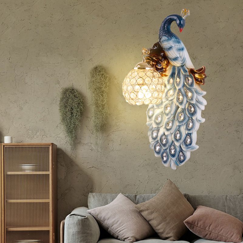 Blue Peacock Sconce Light Fixture Country Resin Single Dining Room Wall Lamp with Crystal Shade