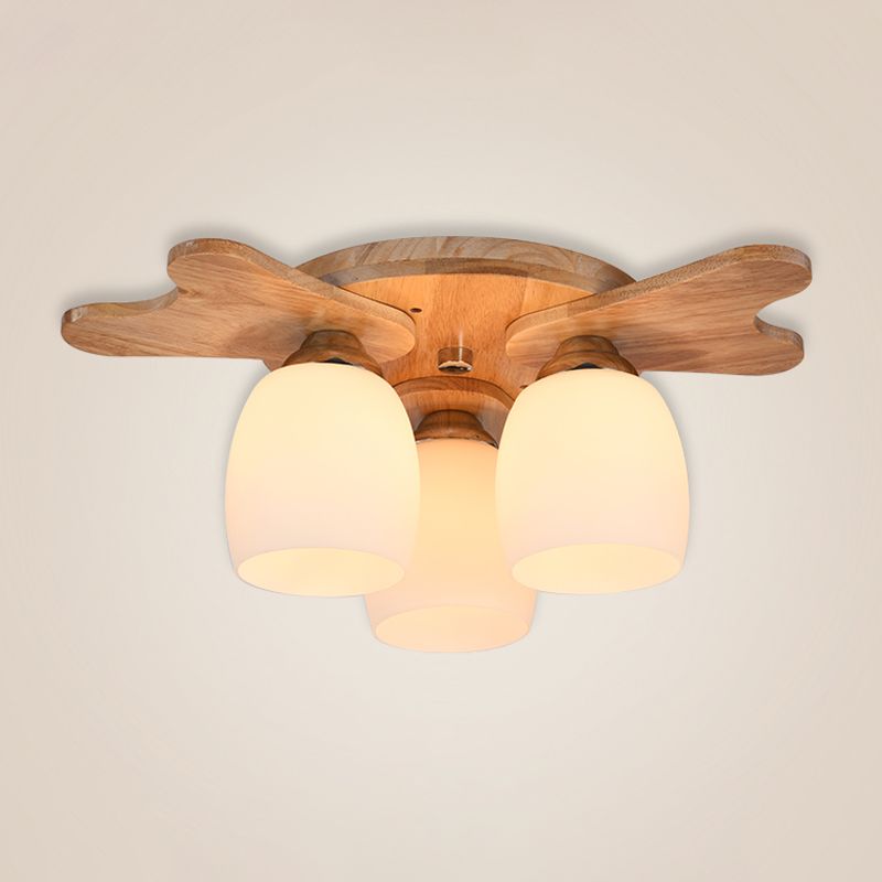 Cream Glass Bell Flush Ceiling Light Nordic 1/5/7-Head Semi Mount Lighting with Antler Top in Wood