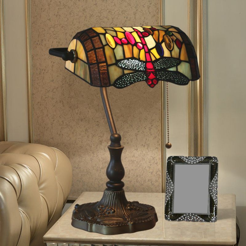 Mediterranean Dragonfly/Red Dragonfly Table Light 1 Light Stained Glass Nightstand in Bronze for Bedroom