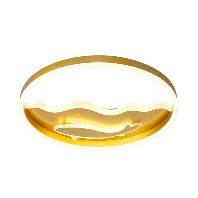 Kids Style Super Thin Flush Ceiling Light Acrylic Bedroom LED Flush-Mount Light Fixture with Fish/Apple Pattern in Gold