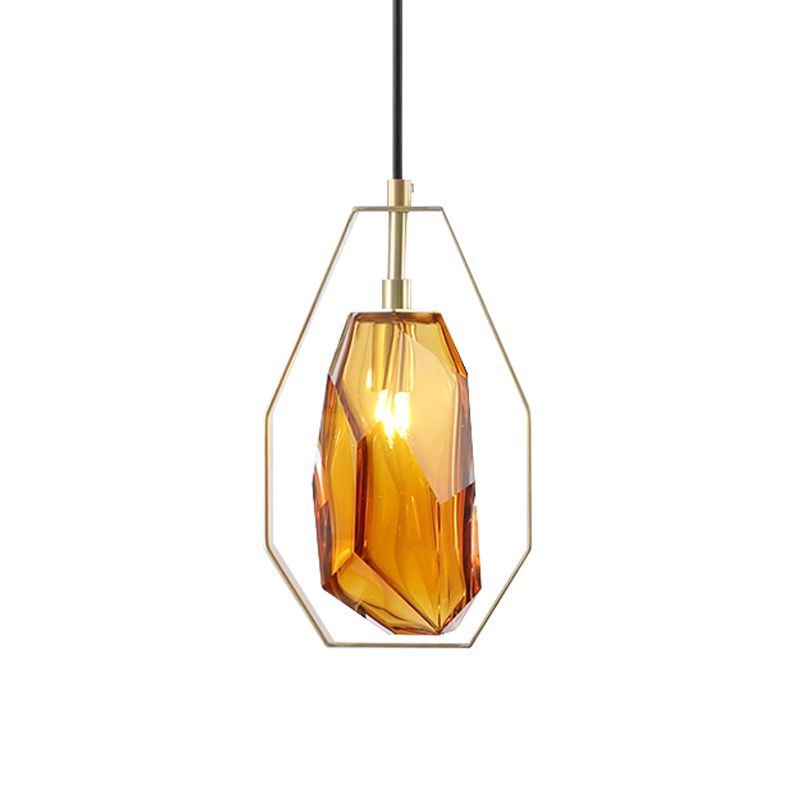 Gem Amber/Smoke Grey Glass Hanging Lamp Postmodernist 1 Light Brass Ceiling Pendant with Heptagon Frame