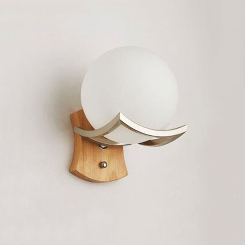 1 Light Wood Wall Light Sconce Modern Spherical Bedroom Wall Mounted Light Fixture