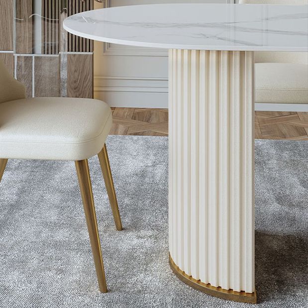 Mesa de comedor ovalada moderna de metal mesa de piedra sinterizada blanca con pedestal doble
