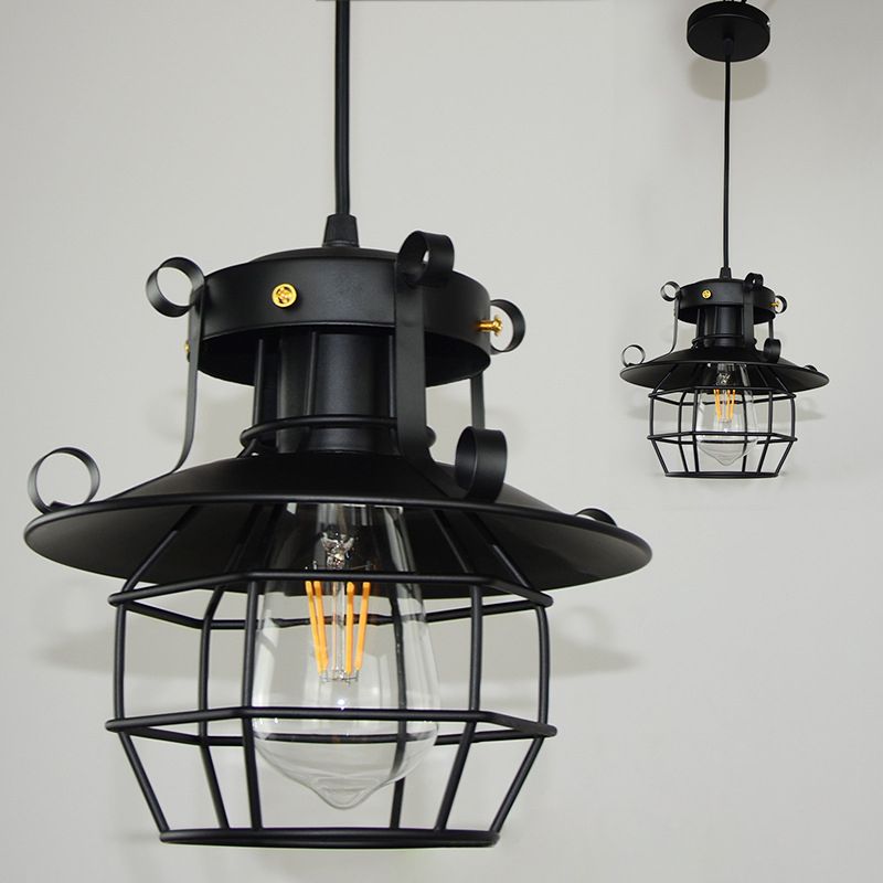 Retro Industrial Open Grid Cage Pendant Light Iron 1 Light Black Suspension Light for Dining Table