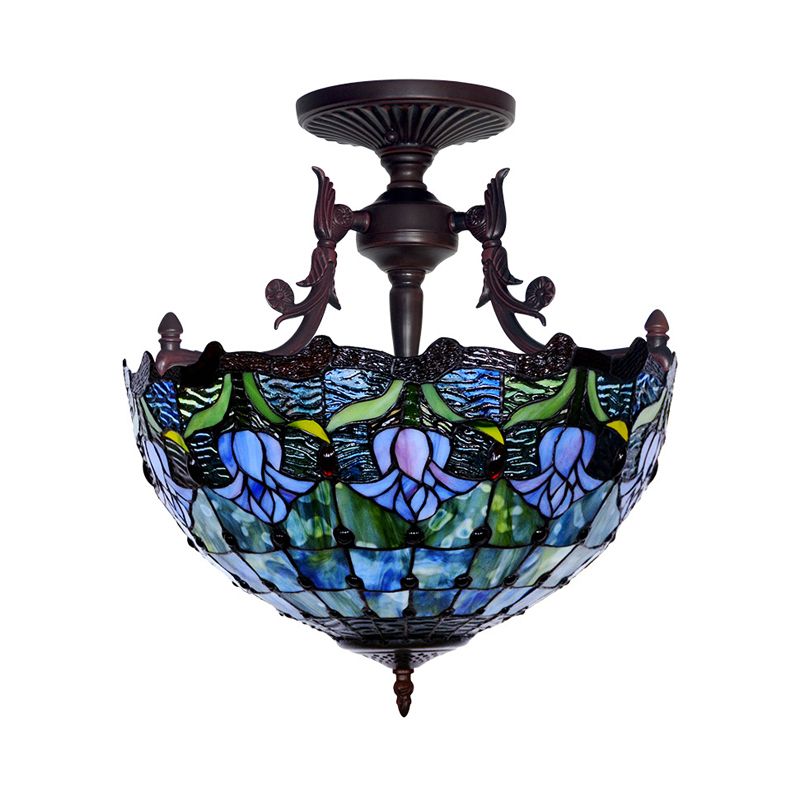 Buntglas Halbflush Mount Light Mediterranean 3 Lichter Rot/Blau Deckenbeleuchtung für Wohnzimmer