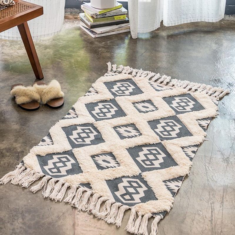 Bohemian Cotton Blend Area Carpet Tribal Print Indoor Rug Fringe Area Rug for Home Decor