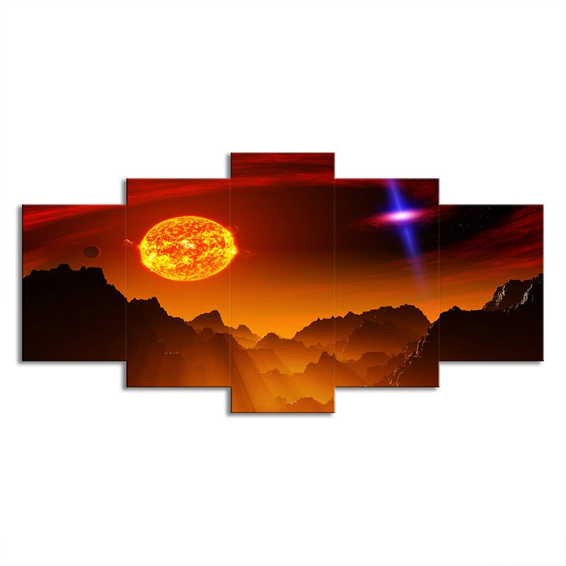 Fantasy Space Planet Canvas Art Science Fiction Multi-Piece Wall Decor in Orange for Bedroom