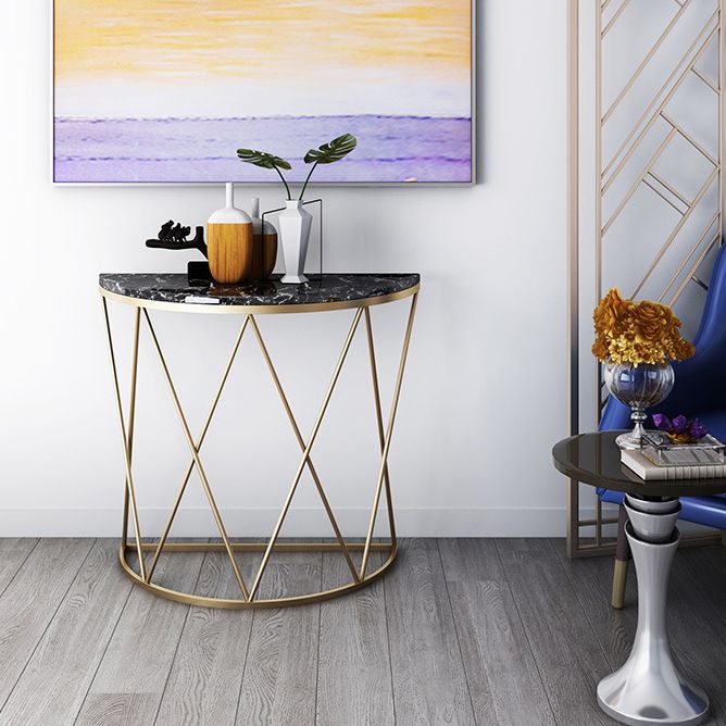 Glam Marble Console Sofa Table Half Moon Iron Accent Table for Hall