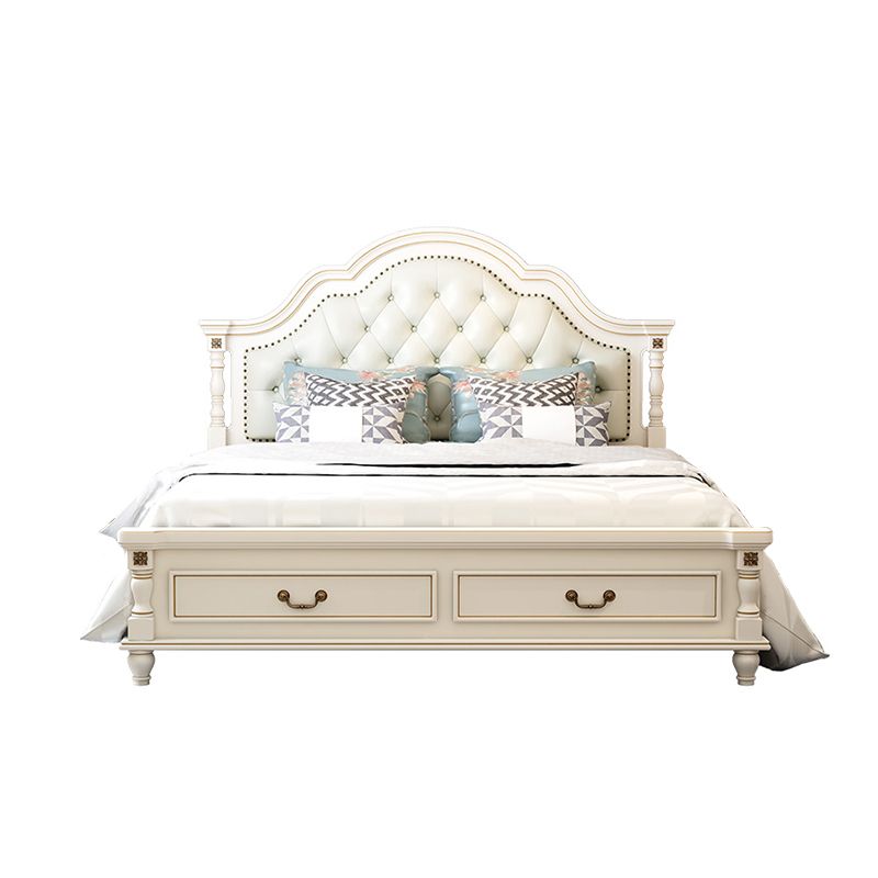 Victorian White Wooden Bed with Camelback Headboard and Nailhead Trim