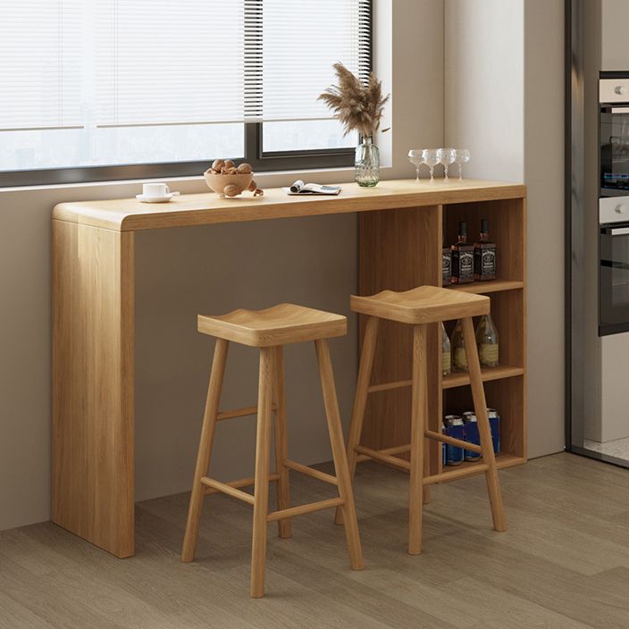 Solid Wood Bar Dining Table Pedestal Rectangle Bistro Bar Table in Natural with Shelves