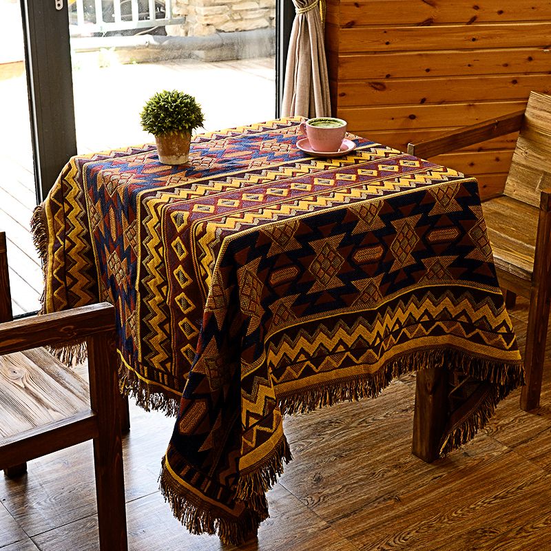 Boho Seamless Print Rug Turmeric Cotton Carpet Machine Wash Rug with Tassel Trim for Room